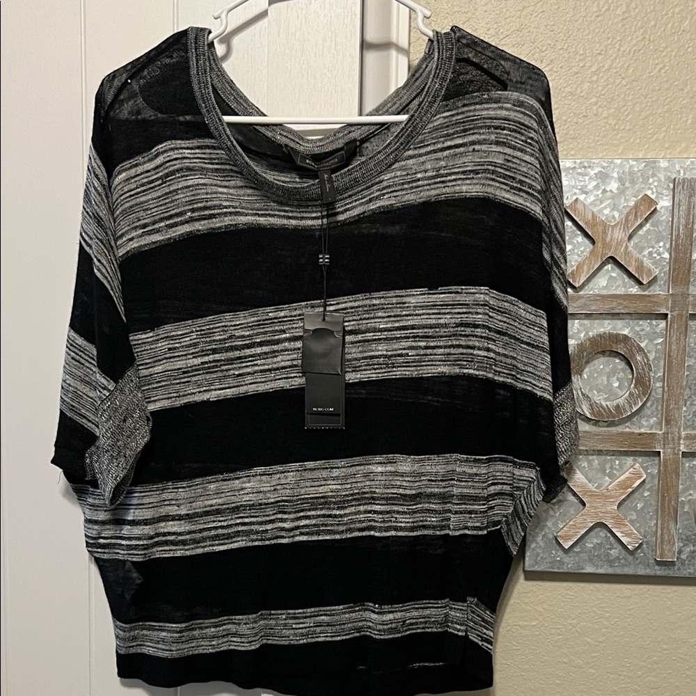 NWT BCBGMaxAzria Black and Gray Striped Blouse